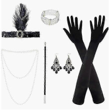 (E)Retro 1920s Women's Flapper Accessories Gatsby Costume Accessories Set 20s Flapper Headband Pearl Necklace Bracelet Earrings Gloves Party Kit -CHAN