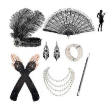 (D)Retro 1920s Women's Flapper Accessories Gatsby Costume Accessories Set 20s Flapper Headband Pearl Necklace Bracelet Earrings Gloves Party Kit -CHAN
