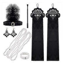 (B)Retro 1920s Women's Flapper Accessories Gatsby Costume Accessories Set 20s Flapper Headband Pearl Necklace Bracelet Earrings Gloves Party Kit -CHAN