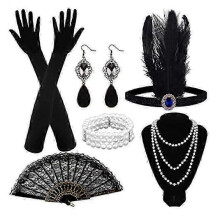 (F)Retro 1920s Women's Flapper Accessories Gatsby Costume Accessories Set 20s Flapper Headband Pearl Necklace Bracelet Earrings Gloves Party Kit -CHAN