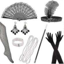 (C)Retro 1920s Women's Flapper Accessories Gatsby Costume Accessories Set 20s Flapper Headband Pearl Necklace Bracelet Earrings Gloves Party Kit -CHAN