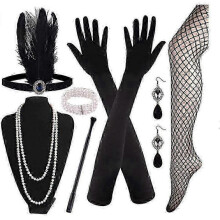(A)Retro 1920s Women's Flapper Accessories Gatsby Costume Accessories Set 20s Flapper Headband Pearl Necklace Bracelet Earrings Gloves Party Kit -CHAN