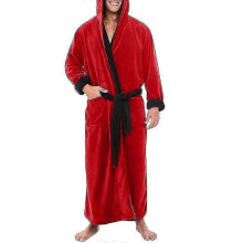 (Red Black, S) Men Fleece Hooded Bath Robe - Long Dressing Gown For Nightwear Lounge -CNC