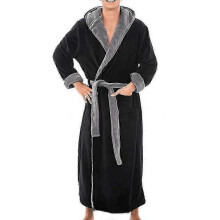 (Black Grey, S) Men Fleece Hooded Bath Robe - Long Dressing Gown For Nightwear Lounge -CNC