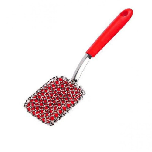(Square-headed,Red) Chainmail Grill Scrubber,Chain Mail Scrubber Cast Iron,3-in-1 Chainmail Cleaner
