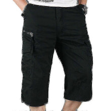 (L, Black) New Arrival: Mens 3/4 Length Elasticated Cargo Shorts with Waistband - Combat Style Three Quarter Pants for M-5XL Sizes