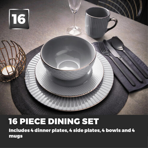 Tower Tower T867002GRY Empire 16 Piece Dinnerware Set, Stoneware, Grey and Brass 2