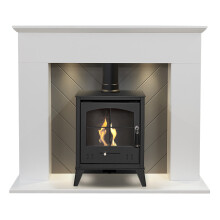 Adam Corinth Stove Fireplace in Pure White & Grey with Downlights & OKO S2 Bio Ethanol Stove in Charcoal Grey, 48 Inch