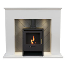 Adam Corinth Stove Fireplace in Pure White & Grey with Downlights & OKO S1 Bio Ethanol Stove in Charcoal Grey, 48 Inch