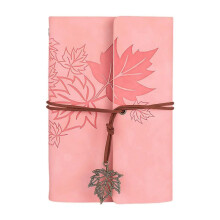 (Pink) Refillable Notebook Travel Journal With 75 Sheets And 6 Rings Leather Binding Covers Leaf Pendant for Writing Journaling Red