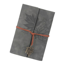 (grey) Refillable Notebook Travel Journal With 75 Sheets And 6 Rings Leather Binding Covers Leaf Pendant for Writing Journaling Red