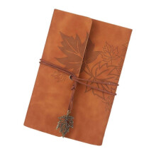 (brown) Refillable Notebook Travel Journal With 75 Sheets And 6 Rings Leather Binding Covers Leaf Pendant for Writing Journaling Red