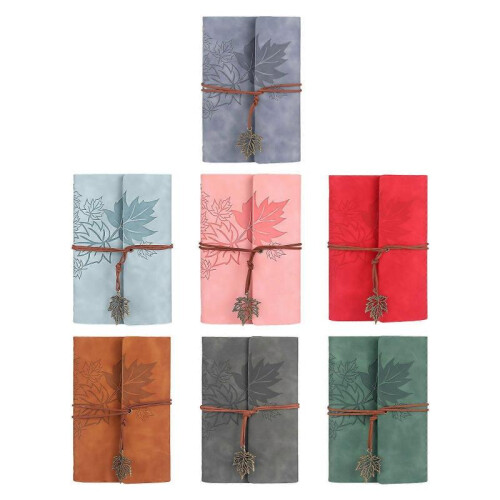 (grey) Refillable Notebook Travel Journal With 75 Sheets And 6 Rings Leather Binding Covers Leaf Pendant for Writing Journaling  Red 2