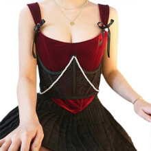 (L) Lace Corset with Dangle Pearl Chain Waist Strap for Women Banquet Elastic Tight High Waist Slimming Body Shaping Belt S