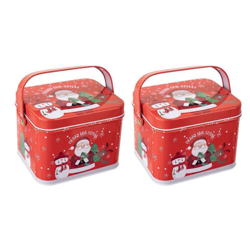 (Type C) 2Pcs Candy Boxes with Carry Handle Christmas Theme Decoration Tinplate Candies Tins Handheld Sweets Storage Container