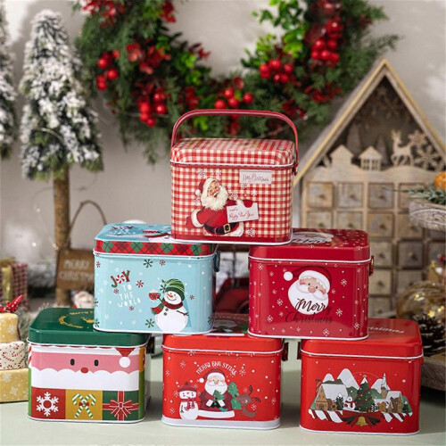 (E type) 2Pcs Candy Boxes with Carry Handle Christmas Theme Decoration Tinplate Candies Tins Handheld Sweets Storage Container 1