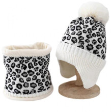 (White) Women Knit Hat and Scarf Winter Leopard Warm Print Fashion Pompom Ball Hat Ear for Protection Supplies for Outdoor Sport White