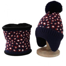 (Navy Blue) Women Knit Hat and Scarf Winter Leopard Warm Print Fashion Pompom Ball Hat Ear for Protection Supplies for Outdoor Sport White