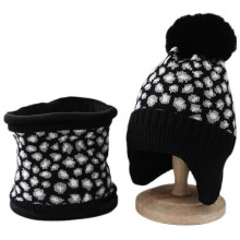 (Black) Women Knit Hat and Scarf Winter Leopard Warm Print Fashion Pompom Ball Hat Ear for Protection Supplies for Outdoor Sport White