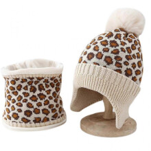 (Beige) Women Knit Hat and Scarf Winter Leopard Warm Print Fashion Pompom Ball Hat Ear for Protection Supplies for Outdoor Sport White