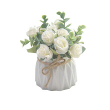(White) Faux Rose Flower Arrangement in Pots for Home and Office Desktop Display Artificial Flower Potted Plant Decoration White