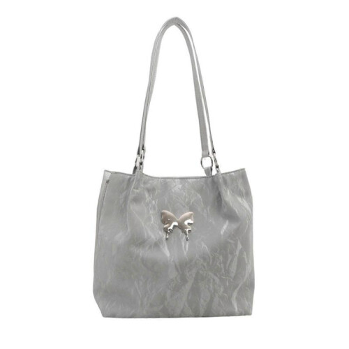 (Silver) Elegant Shoulder Bag Aesthetic Butterfly Pattern Versatile Solid Color PU Leather Underarm Bag Large Capacity Handbag  White