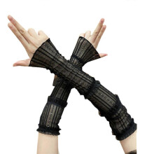 (Black) Sunproof Arm Sleeves Holiday Women Girl Arm Cover with Pleated Lace Trim Breathable Arm Cover for Holiday Driving  White