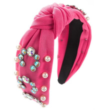 (Rose Red) Knotted Headband for Women Aesthetic Wide Hairhoop Casual Wear Hairhoop with Rhinestones Studded Elegant Party Hairband  Rose Red