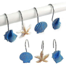 (Blue) 12pcs/set Navy Style Seashell Shower Curtain Hooks Decor Bath Curtain Hooks-c 25-26s