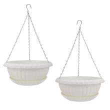 2Pcs White Hanging Flowerpot with Tray Durable Plastic Plant Planter