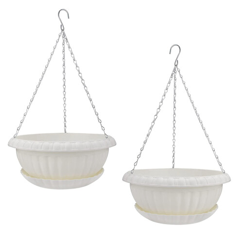 2Pcs White Hanging Flowerpot with Tray Durable Plastic Plant Planter
