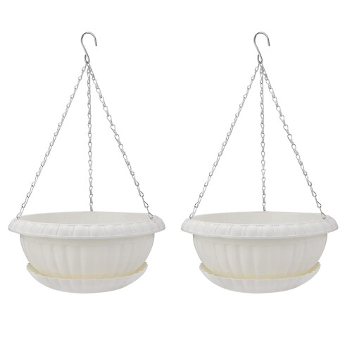 2Pcs White Hanging Flowerpot with Tray Durable Plastic Plant Planter 1