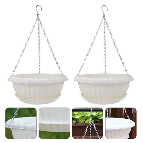 2Pcs White Hanging Flowerpot with Tray Durable Plastic Plant Planter 2