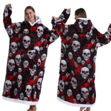 (Skull hoodie, One-size) 1pc Extra Long Thick Coral Fleece Christmas Holiday Robe for Men & Women - Festive Skull & Pumpkin Print, Plush Soft Unisex Loungewear