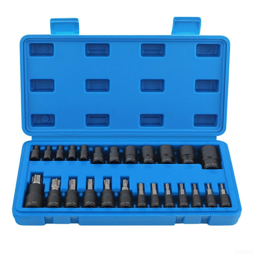 Complete 25 Piece E Type Socket Set With Star Bits T8-T60 Female Sockets E4-E22 Chrome Vanadium Steel Mechanic Tool Kit 9393856339839