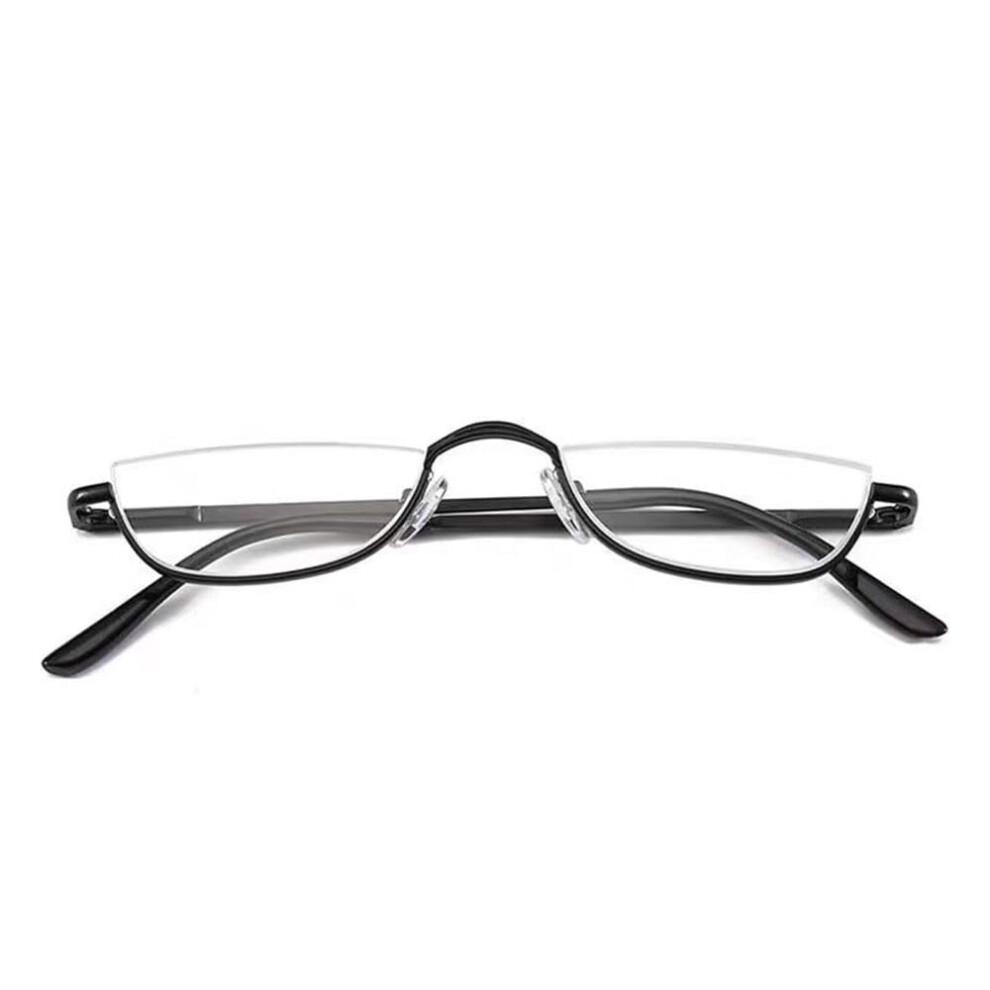 Retro Reading Glasses Metal Spring Hinges Half Moon Semi Rimless Small Frame Eyeglasses Black 250-Degree