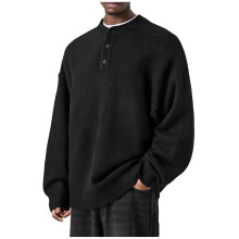 Knitted Jumper Men's Long Sleeve Button-Front Pullover Casual Leisure Knit Top Regular Fit Autumn Winter Black Small
