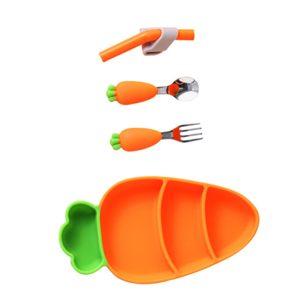 Flatware Carrot Design Silicone Plate Spoon Fork Straw Baby Utensils For Weaning And Self Feeding High-Temp-Resistant