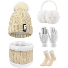 (Beige) Dames winter gebreide muts en sjaal set, winterhandschoenen, sokken en oorkappen, warme outdoor
