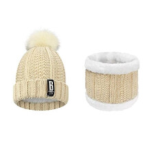 (Beige muts en sjaal) Dames winter gebreide muts en sjaal set, winterhandschoenen, sokken en oorbeschermers,
