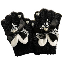 (Schwarz) Winterwarme, dehnbare Fäustlinge für Erwachsene, gestrickte Perlenstickerei-Spitzenhandschuhe,