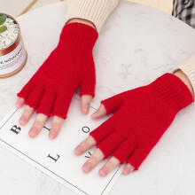 (hoofdkleur rood) Warme, effen wollen winterhandschoenen voor heren en dames, halfvingerhandschoenen/wanten
