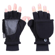 (Herren, Knopfleiste, Schwarz) Winterwarme, fingerlose Handschuhe aus Polarfleece mit Daumenloch zum