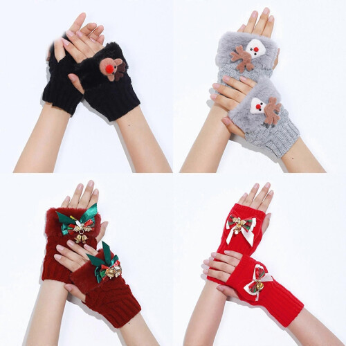 (5) Winterwarme Handschuhe, dehnbare Fäustlinge für Erwachsene, Plüschbündchen, winddichte Halbfingerhandschuhe, 1