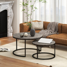 HOMCOM 2 Pcs Stacking Coffee Table Set Steel Frame, Marble Dark Grey