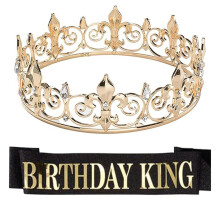Birthday Party Crystal Crown Birthday Sash Set for Men-Gold