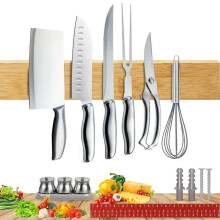 Magnetisk knivhållare, knivhållare i naturligt trä, montera med skruvar eller tejp, knivhållare magnetisk hållare för knivar och metallredskap