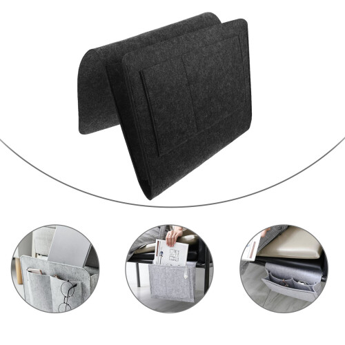 1Pc Dark Grey Felt Bedside Storage Bag Reinforced Stitching Organizer 1