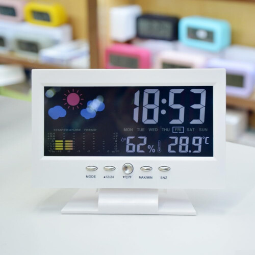 LCD Display Clock With Temperature And Humidity Sensor, White Finish, Compact Design