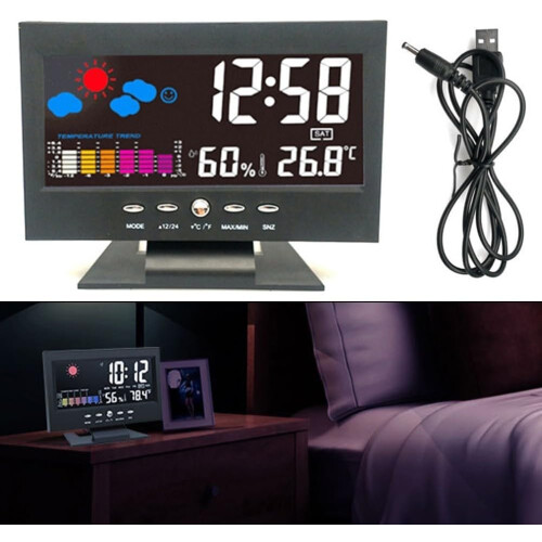 LCD Display Clock With Temperature And Humidity Sensor, White Finish, Compact Design 1